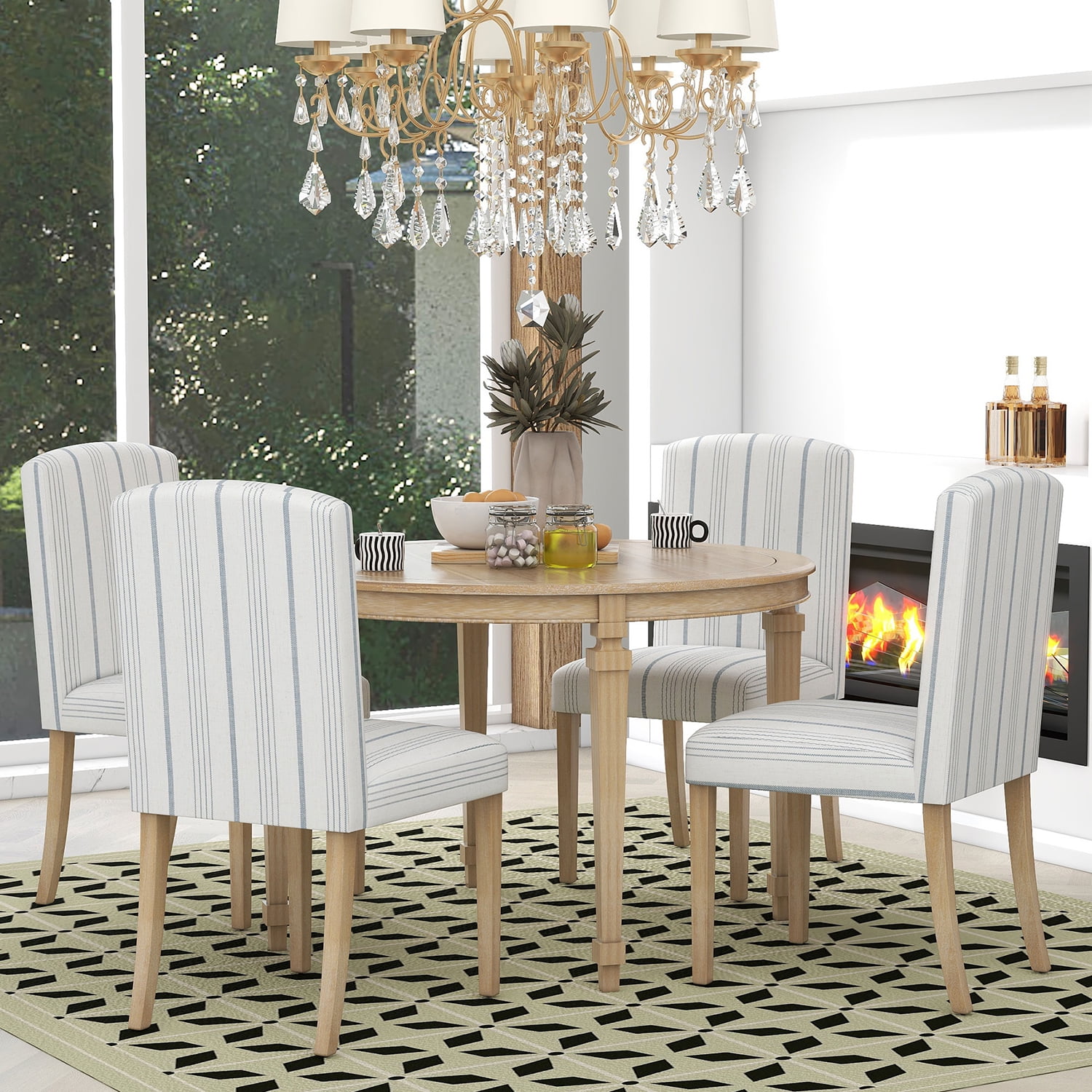 Kadyn 5-Piece Kitchen Dining Table Set, Solid Wood Round Table with 4 Upholstered Chairs for Apartment Kitchen, Natural Wood