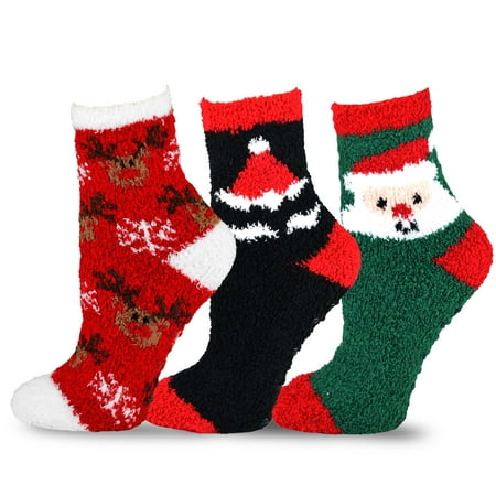 TeeHee Christmas Holiday Cozy Fuzzy Crew Socks 3-Pack for Women (Santa and Deer)