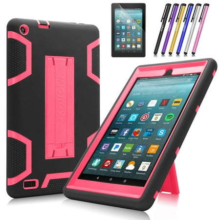 Protective Film For Tablets Fire 7 2017 Case, Mignova Heavy Duty Hybrid Protective Case Build In Kickstand For All-New Fire 7 Tablet (7th Generation 2017 Release) + Screen Protector Film and Stylus Pen (Black / Pink) ()