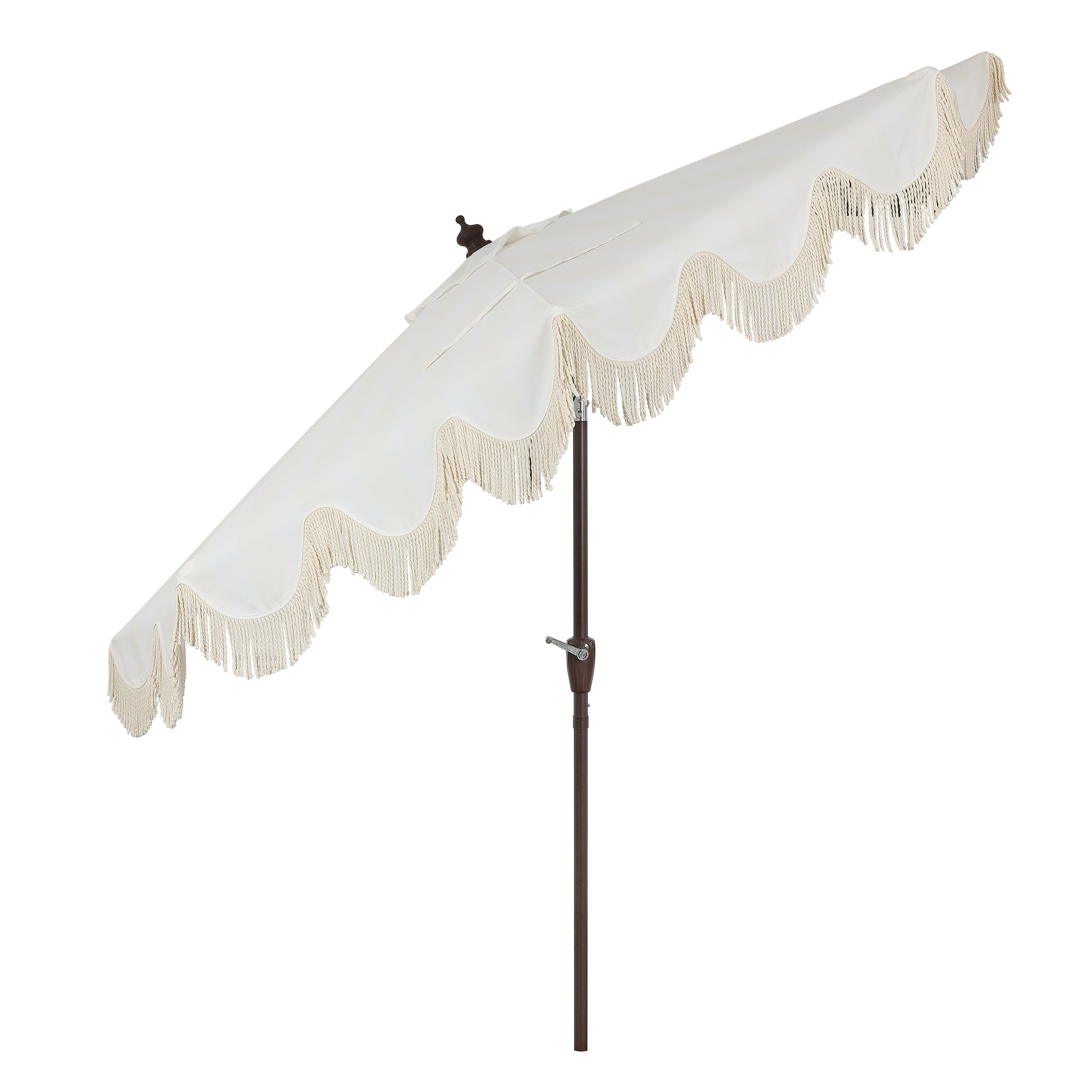 JONATHAN Y Beverly 9 ft. Half Market Patio Umbrella, Designer Classic Scalloped Fringe with Crank, Tilt Button and UV Protection, Cream/White, Dark Brown Pole