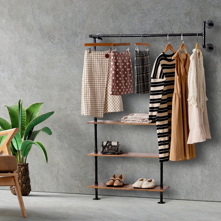 Industrial Wood Garment Rack Industrial Pipe Wall Mounted Clothing