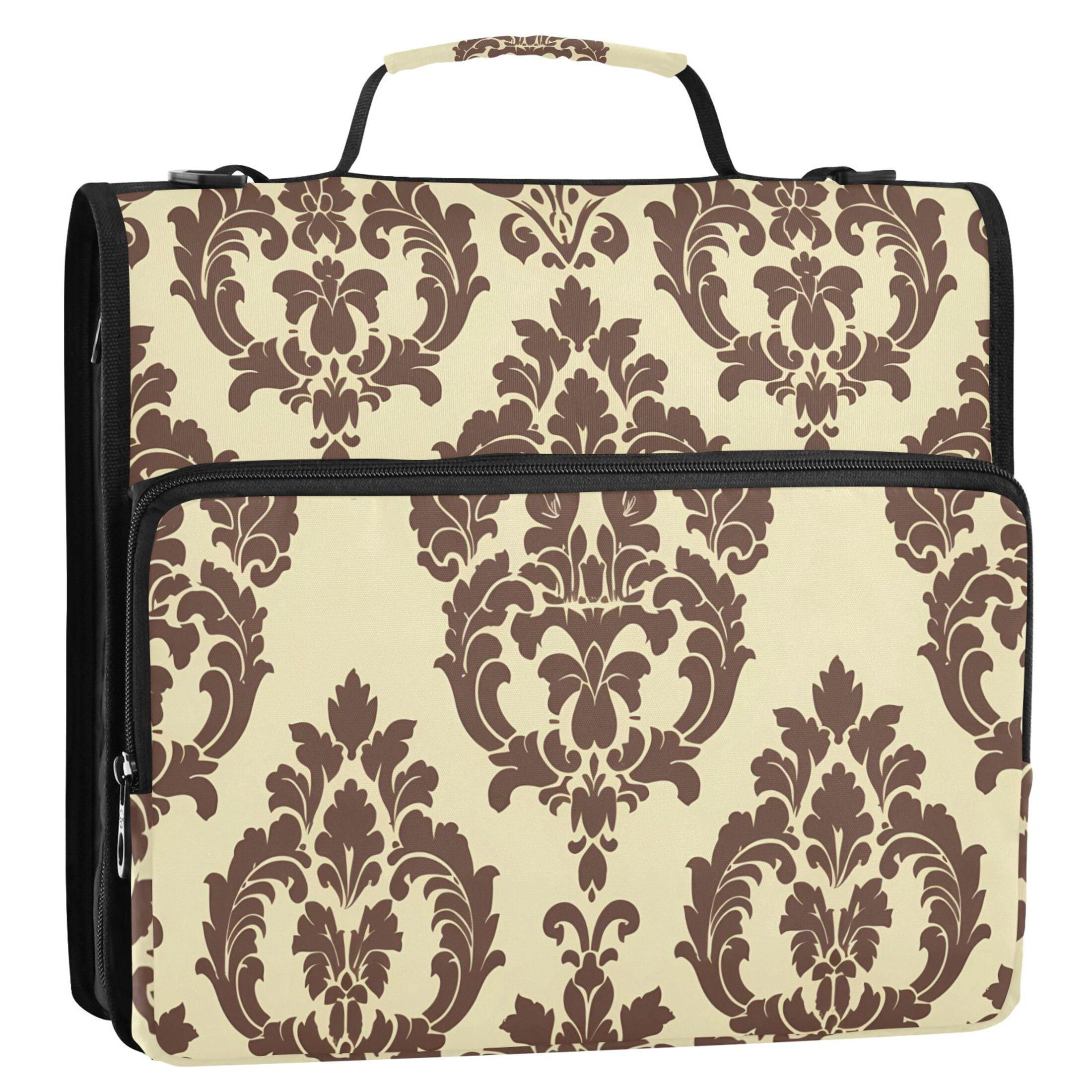 3 Ring Zipper Binder with Shoulder Strap Waterproof Trapper Keeper 2 Inch D-Ring 500 Sheets Capacity Elegant Damask Pattern