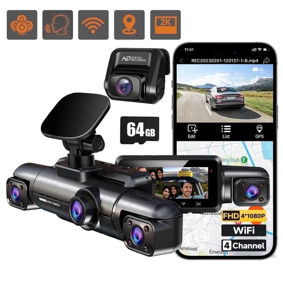360° GPS 4-Channel Dash Cam for Cars, 1080P Front and Rear Inside Dashcam, Voice Control Car Camera, 64GB SD Card Included, IR Night Vision, WDR, WiFi & App Support, 24H Parking Mode