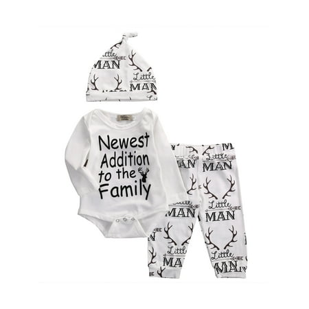 

Baby Boy Girl Suit for Baby Shower Deer Print Long Sleeve Romper+Long Pants+Hat