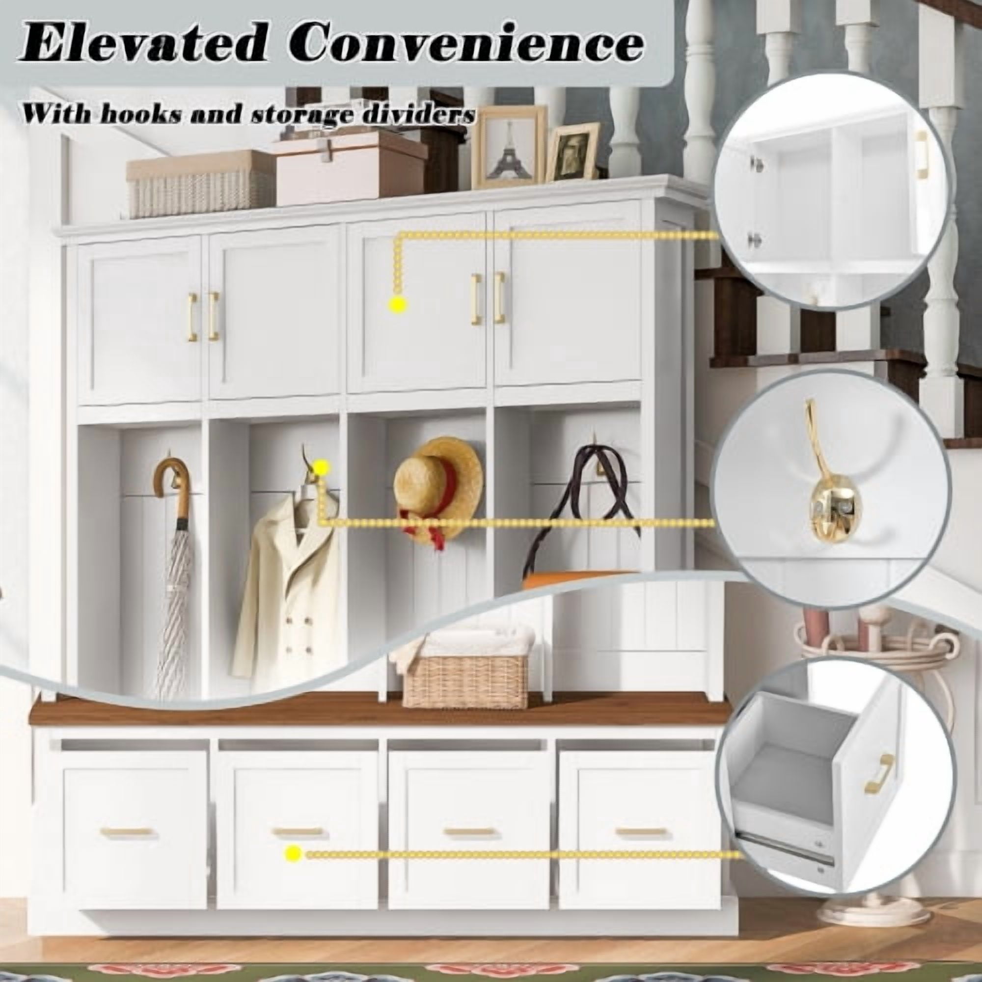 U-Can Farmhouse Entryway Hall Tree with Coat Hooks, Cabinets and Drawers, with Wood Accents and Gold Hardware, White