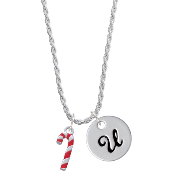 Delight Jewelry Silvertone 3-D Red Enamel Candy Cane Silvertone Script Initial Disc - U - Charm Necklace, 20"+3"