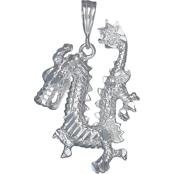 Sterling Silver Dragon Charm Pendant Necklace with Diamond Cut Finish and 24 Inch Figaro Chain