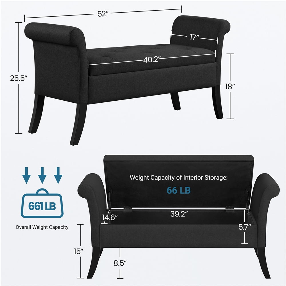 Alden Design Modern Fabric Tufted Storage Bench with Rolled Arms for Home, Black