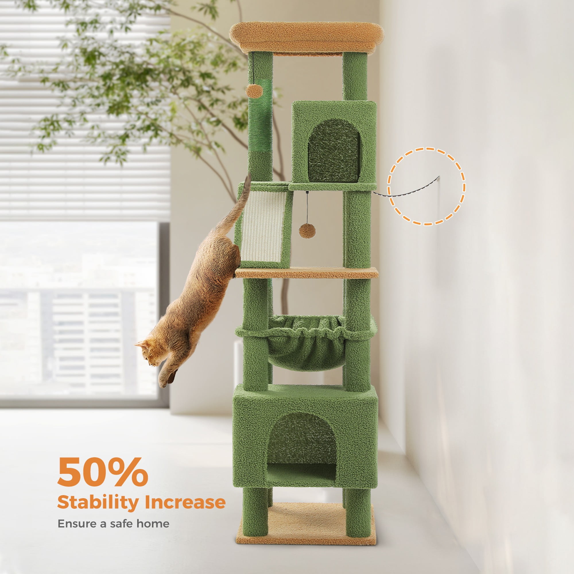 Kadyn 71" Large Cat Tree Tower for Indoor Cats, Multi-Level Cat Tree House with Padded Perches, Scratcher, Hammock, 2 Cozy Cat Condos and Scratching Posts, Green