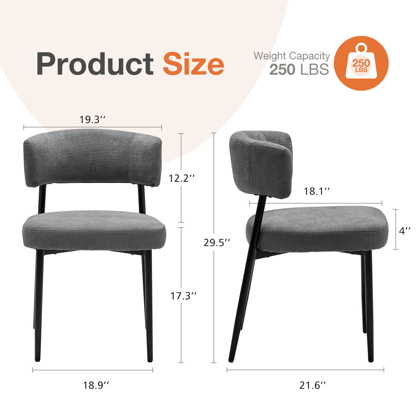 EDX Dining Chairs Set of 4, Mid Century Modern Chair Round Upholstered Curved Backrest, Kitchen Vanity Living Room Chairs with Black Metal Legs, Grey