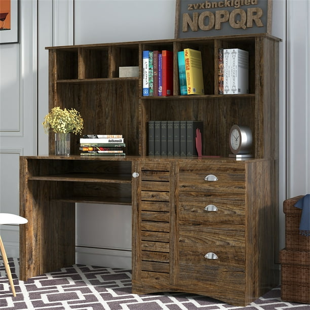 Aukfa Computer Desk with Hutch Keyboard Tray and 3 Storage Drawers 59