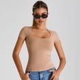 thumbnail image 3 of SWSMCLT Women's Soft T Shirt Fitted Top Basic Scoop Neck Lightweight T-shirt Yoga Summer Cool Workout Thin Spandex Light Coffee Small, 3 of 5