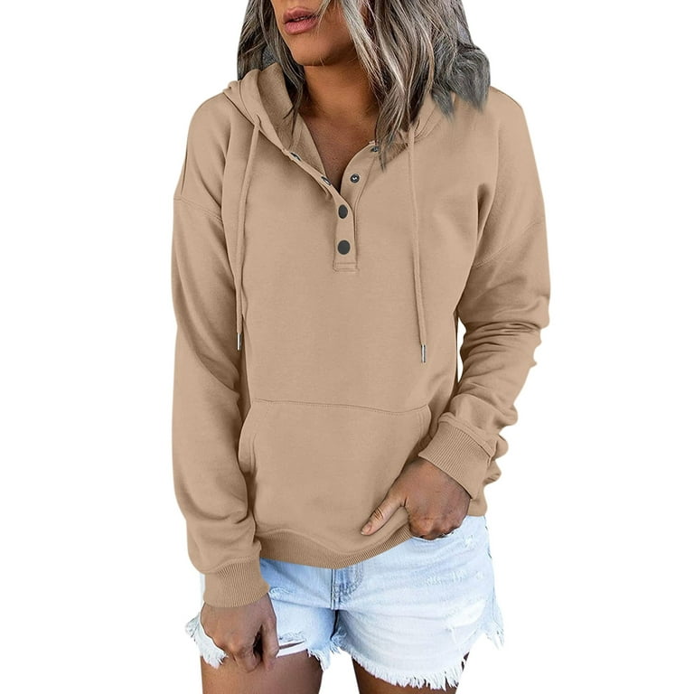 Cuhas Hoodie Sweatshirt for Women Women's Casual Fashion Solid Color Long  Sleeve Pullover Hoodies Sweatshirts Camel 1X 