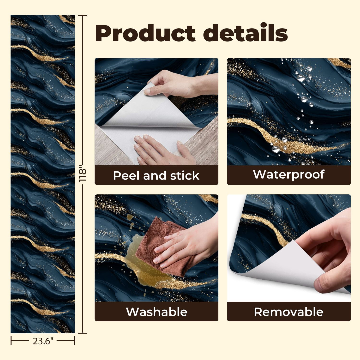 Peel and Stick Wallpaper Abstract Dark Blue Gold Marble Sparkles Wall Mural 23.6in x 9.8ft Self Adhesive Removable Wall Paper Renter Friendly Wallpaper for Nursery Bedroom Cabinets