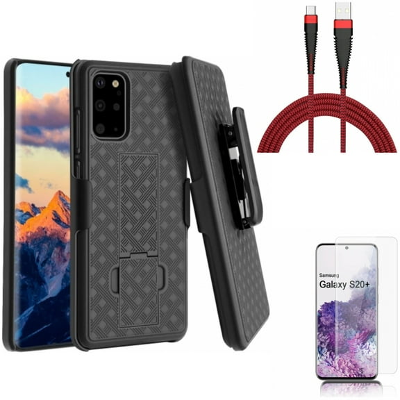 10ft USB Cable w Screen Protector w Case Belt Clip for Samsung Galaxy S20 Plus - Type-C Charger Cord Power, Tempered Glass [Fingerprint Unlock] 3D Curved Edge, Holster Swivel fits Galaxy S20 Plus
