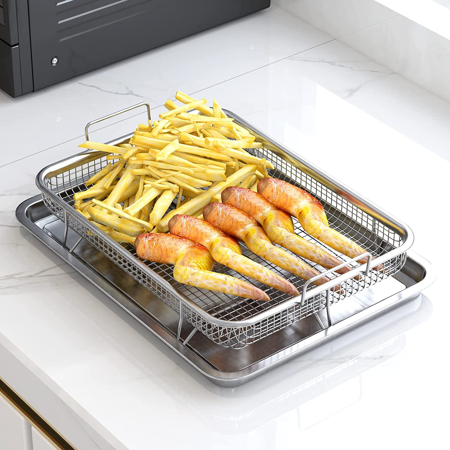 Air Fryer Basket For Oven, 2 Piece Set Stainless Steel Grill Basket,  Non-stick Mesh Basket Set, Air Fryer Tray Wire Rack Roasting Basket 