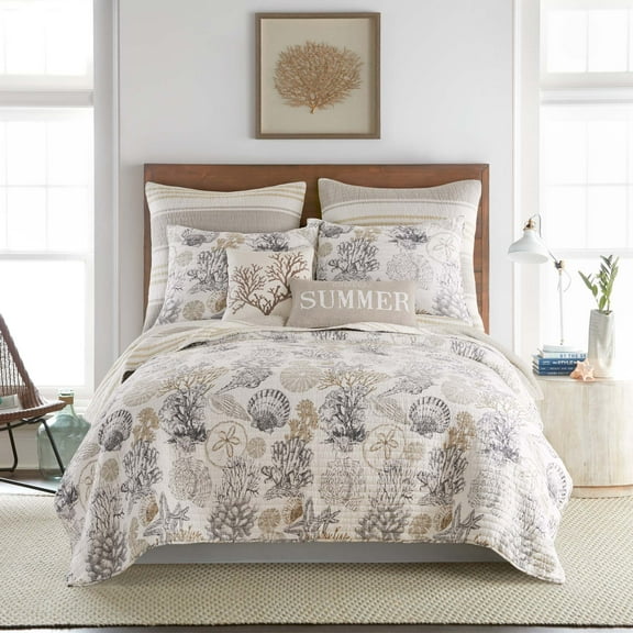 Levtex Home - Capian Sea Neutral Quilt Set - Full/Queen Quilt (88x92in.) Two Standard Pillow Shams (26x20in.) - Coastal - Taupe, Cream, Grey - Reversible - Cotton Fabric