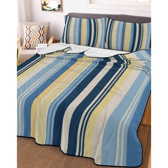 Blue Yellow Striped King Size Down Alternative Comforter, Lightweight Comforter Quilt Bedding Set with Pillow Shams Farmhouse Stripes Vintage All Seasons Bed Comforter Duvet Insert 96"x106"