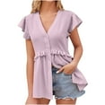 thumbnail image 2 of SELONE Peplum Tops for Women Short Sleeve Tops Blouses Regular Fit T Shirts Petal Sleeve Pullover Tees Tops Solid T-Shirts V Neck Tops Blouses Hollow Lace Trim T Shirts Breathable Pullover Purple L, 2 of 6