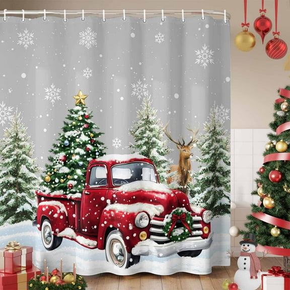 Christmas Truck Shower Curtain, Winter Snowflakes Xmas Tree Deer Grey Waterproof Fabric Shower Curtains with 12 Hooks, Bathroom Curtain Set for Bathroom Accessories Decor, 36 x 78 Inches