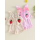 thumbnail image 3 of Conjunto de verano para bebé niña pequeña: top sin mangas y shorts con estampado de fresas, bordado, cuadros, lazos y volantes., 3 of 9
