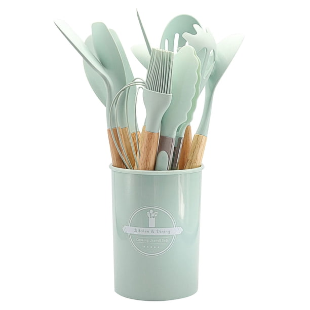 Juego de 12 utensilios de cocina de silicona Wamans con puntas de silicona, mangos de madera y soporte para encimera. Ideal para cocinar, mezclar y servir. Ideal para ollas y sartenes antiadherentes.