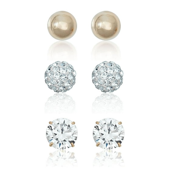 AVORA 10K Yellow Gold Polished Ball,  Crystal Ball and Simulated Diamond CZ Three Pair Earrings Set