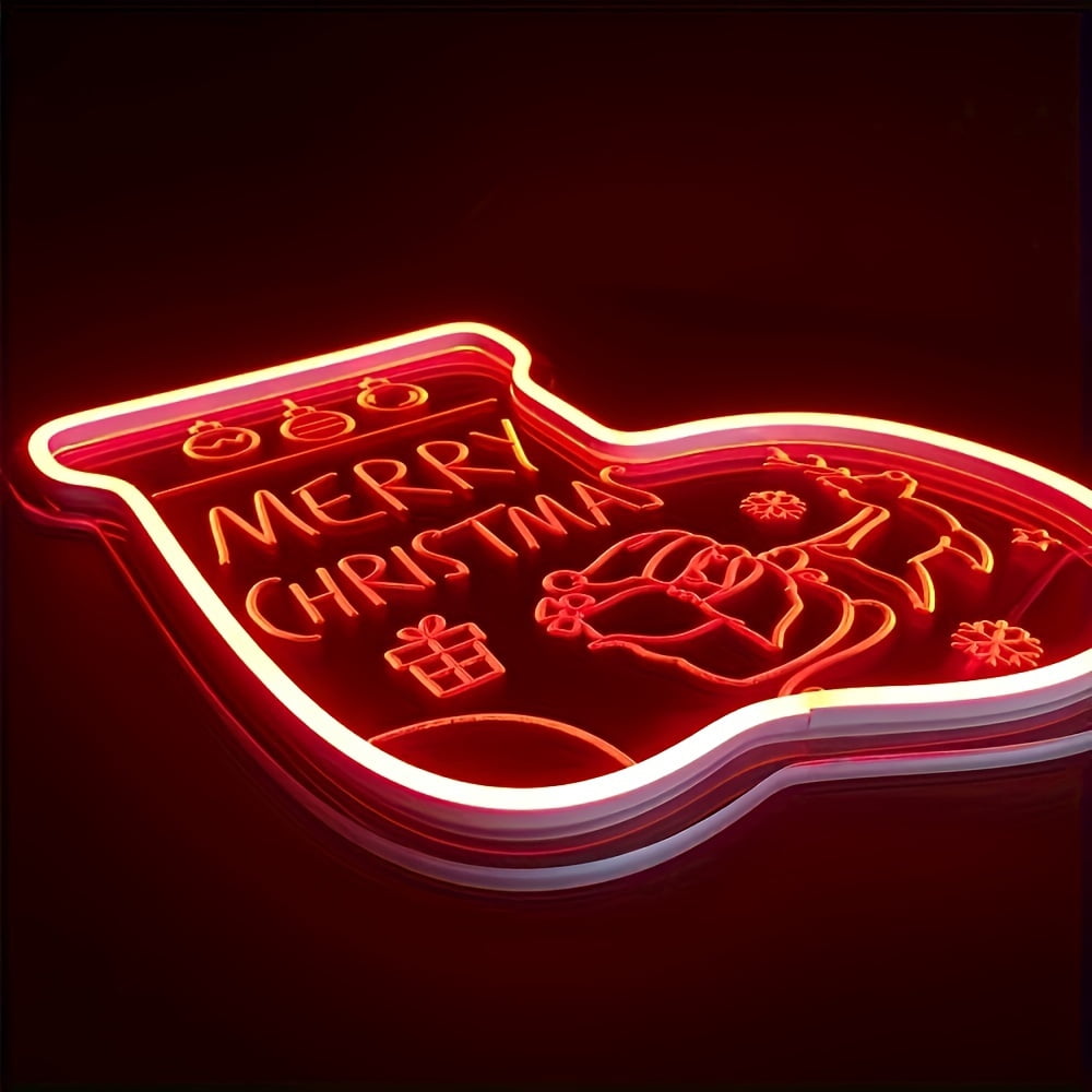 UPONRAY Christmas Stocking Neon Signs, 10.23"*11.81" Dimmable & USB-Powered LED Neon Light, Stylish Wall Decor for Christmas Tree, Bed Room, Living Room, Party, Bar