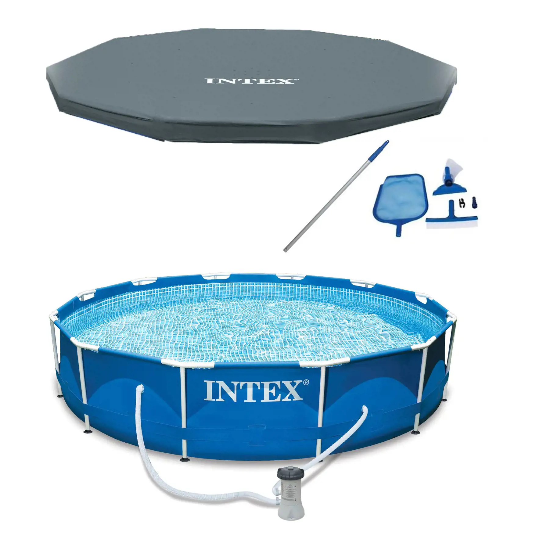 Intex 12' x 30" Round Metal Frame Above Pool, Filter, Cover, & Maintenance Kit - Walmart.com