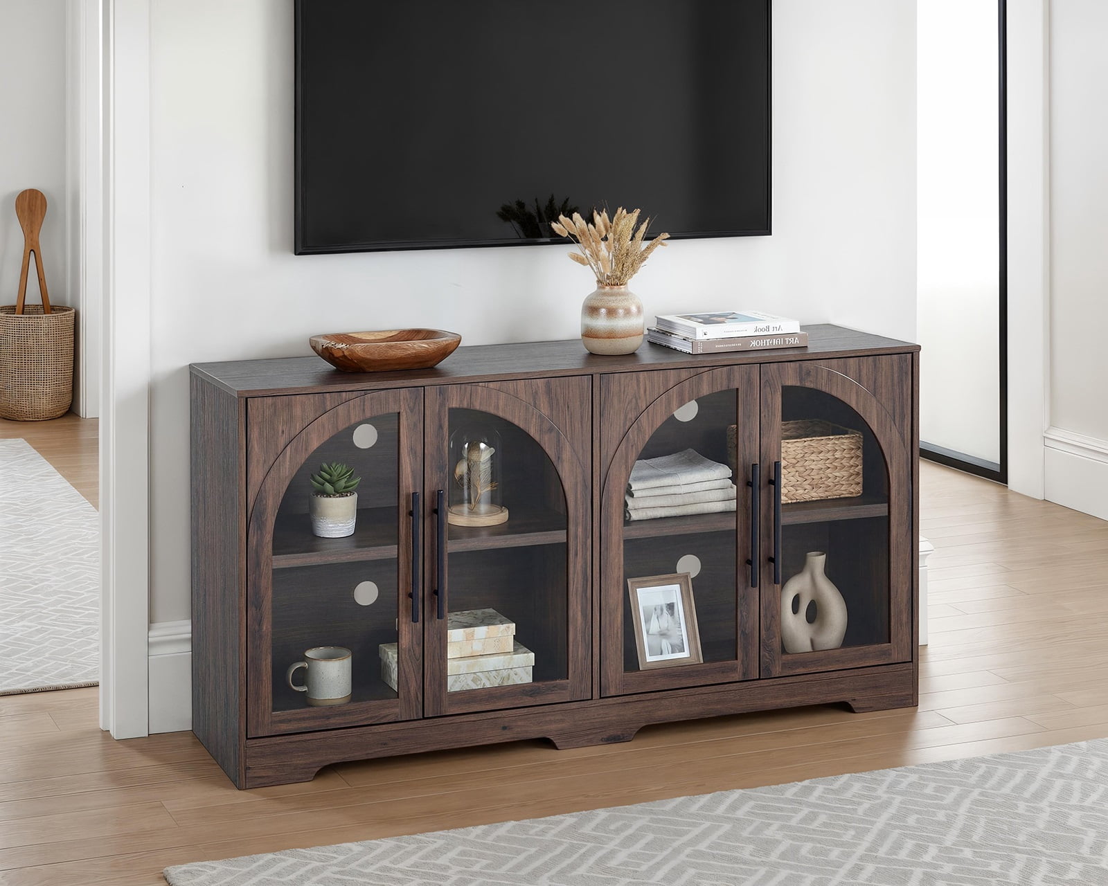 Walnut Finish 1pc Console Metal Handles Tempered Glass Adjustable Shelves Rustic Living Room Furniture