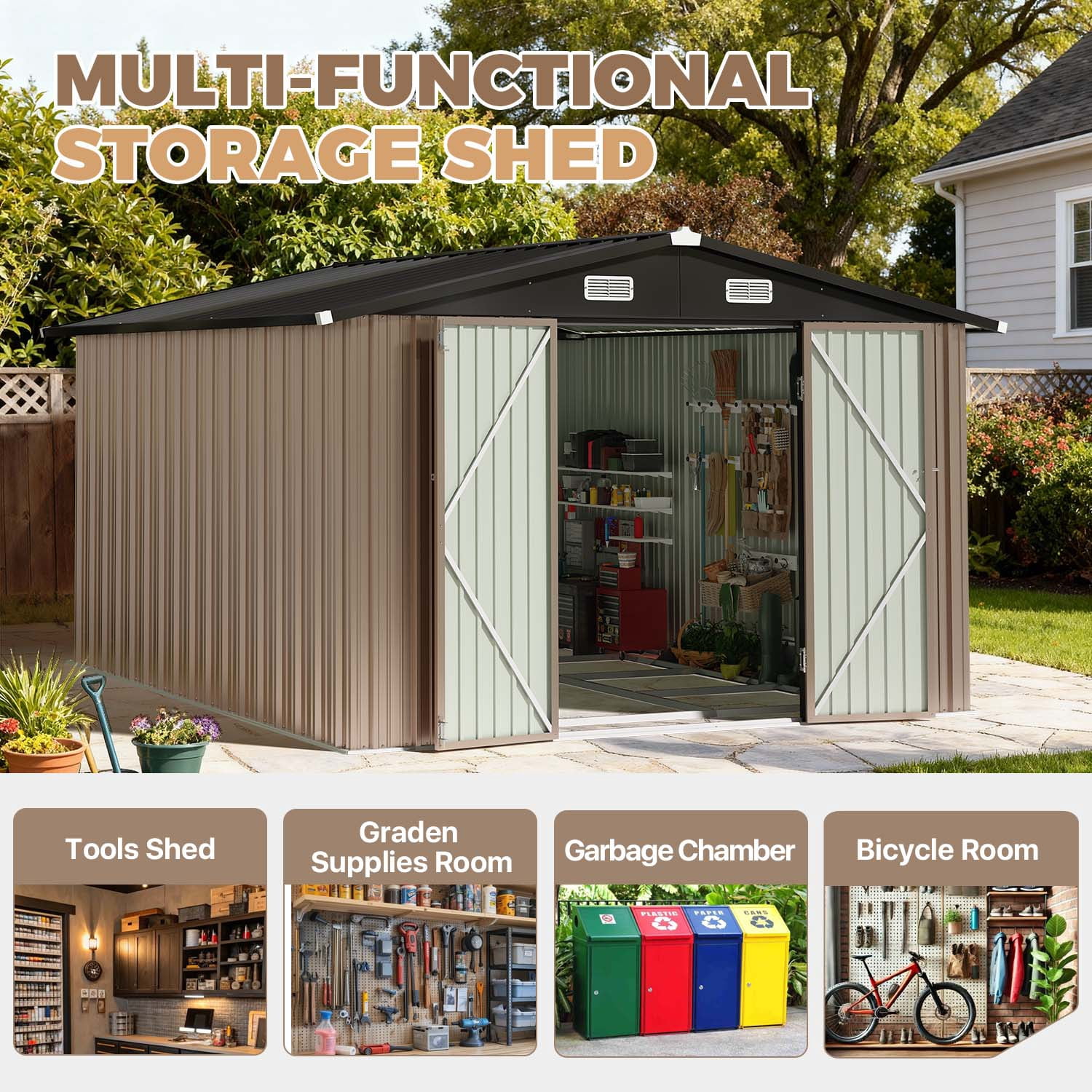 BaPiPro 10x12FT Outdoor Metal Storage Shed with Base Frame Kit & Lockable Doors, Heavy Duty Garden Tool Shed Bicycle Shed, Black