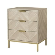 Eumyviv Rustic Metal & Wood 3 Drawer Nightstand, Herringbone Pattern Side Table, Oak Finish