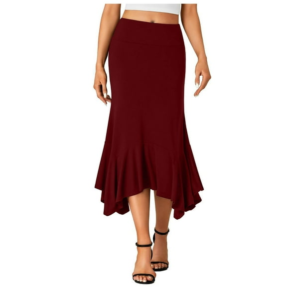 Fgnfyis Women's Long Satin Fall Skirt Elegant High Waist Party Wedding Flared A-line Midi Skirts Red XXL