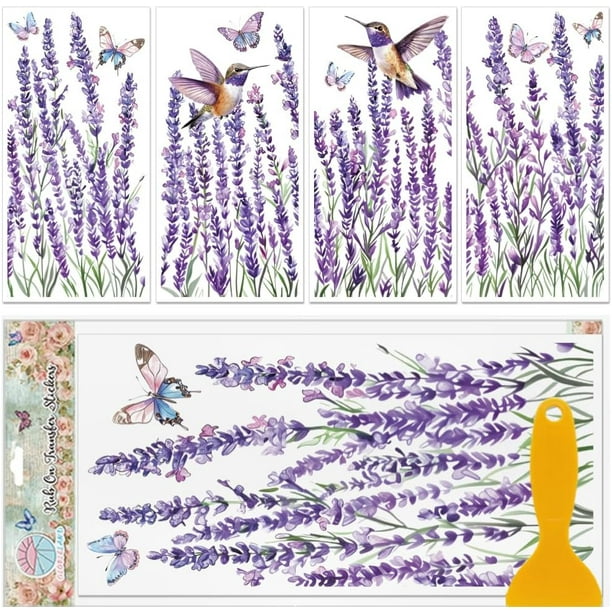 4 láminas de calcomanías de lavanda para decoración de muebles (30 x 15 cm). Diseños de mariposas y colibríes. Resistentes al agua y a los rayos UV. Adhesivos de transferencia para plantas.