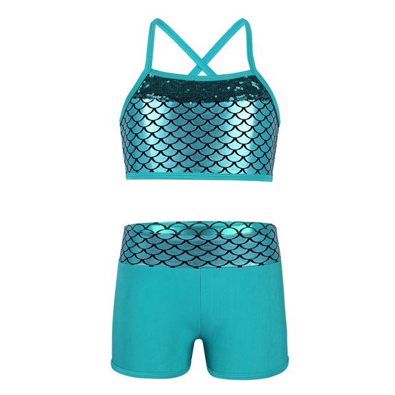 iEFiEL Girls Mermaid Print 2Pcs Ballet Dance Outfit Gymnastics Crop Top Shorts Set,Sizes 4-14 Lake Blue 12