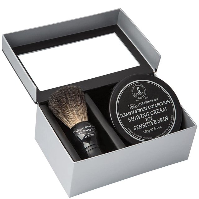 Juego de regalo de 2 piezas con brocha de afeitar Taylor of Old Bond Street Black Pure Badger y cuenco para crema de afeitar Jermyn St. de 150 g