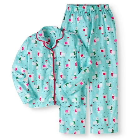 Dealer Button Set - Classic 2pc Button Front Top & Pant Pajama Set with Pom Pom Trim