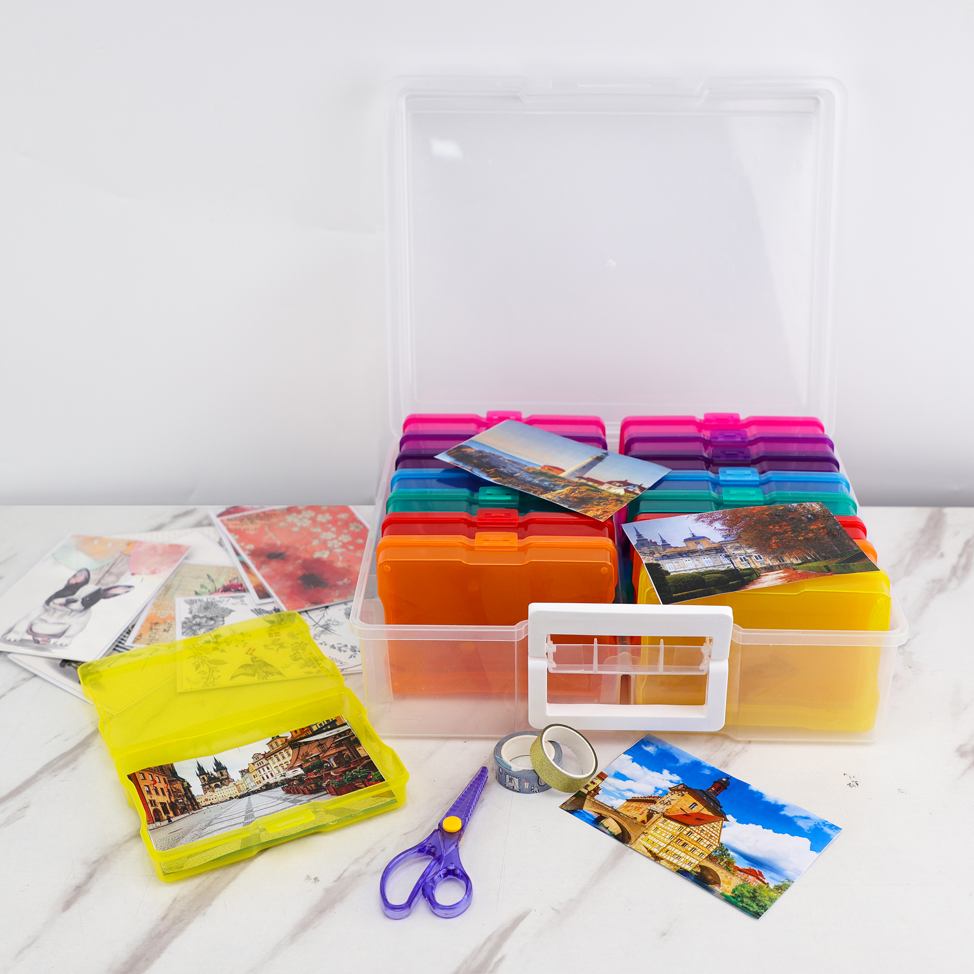 WRVCSS  Colorful 4" x 6" Photo Organizers and Photo Storage Box with Handle, 16 Inner Photo Cases, Portable Picture Organizers & Photo Storage Containers