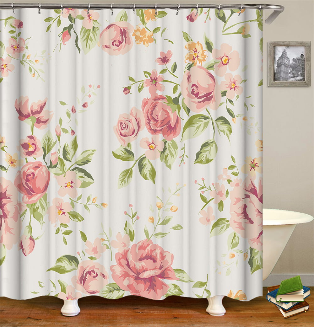 Shower Curtain Set With Hooks Womens Romantic Flora Pink Flower White ...