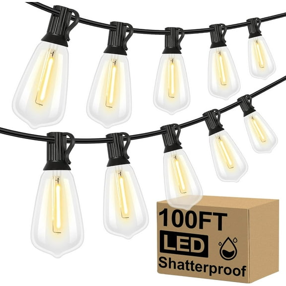 Nordic Hygge LED Outdoor String Lights 100FT Patio Lights with 52 Shatterproof ST38 Vintage Edison Bulbs