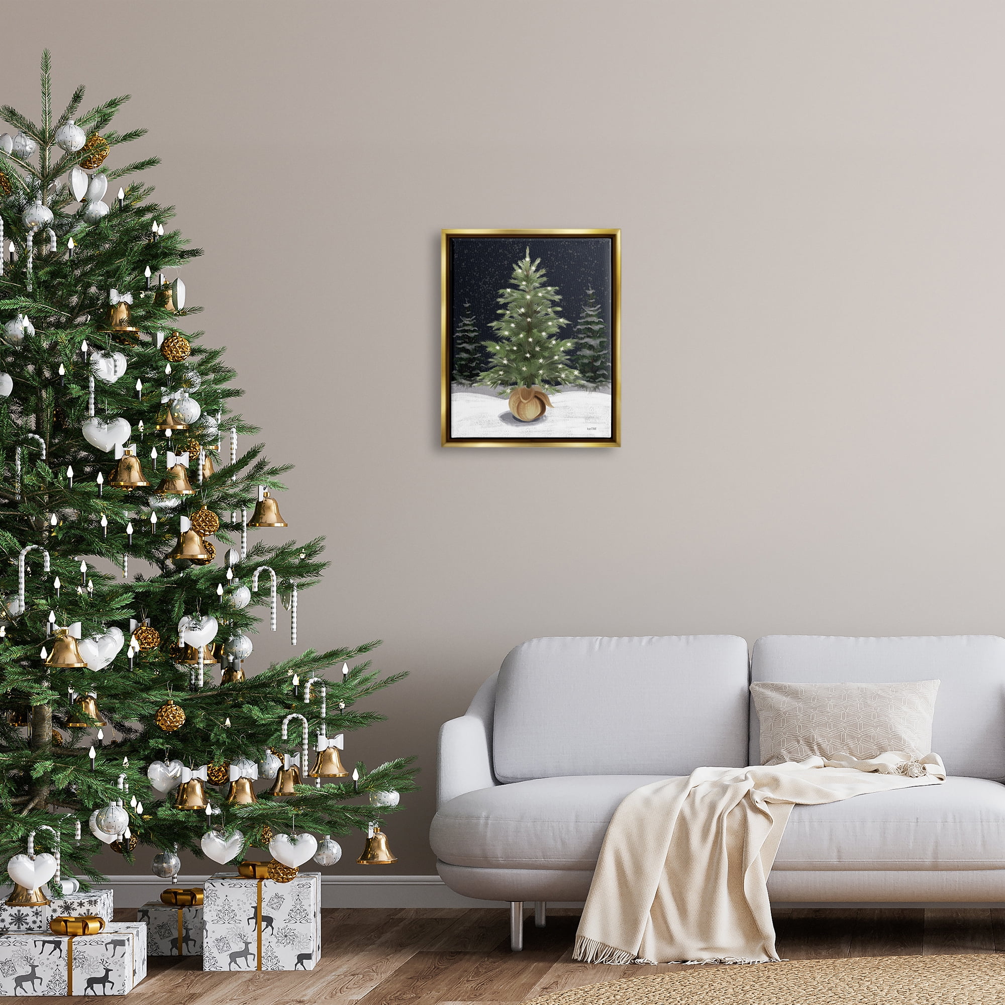 Stupell Industries Christmas Tree Snow Scene Holiday Painting Gold Floater Framed Canvas Art Print Wall Art, 17 x 21
