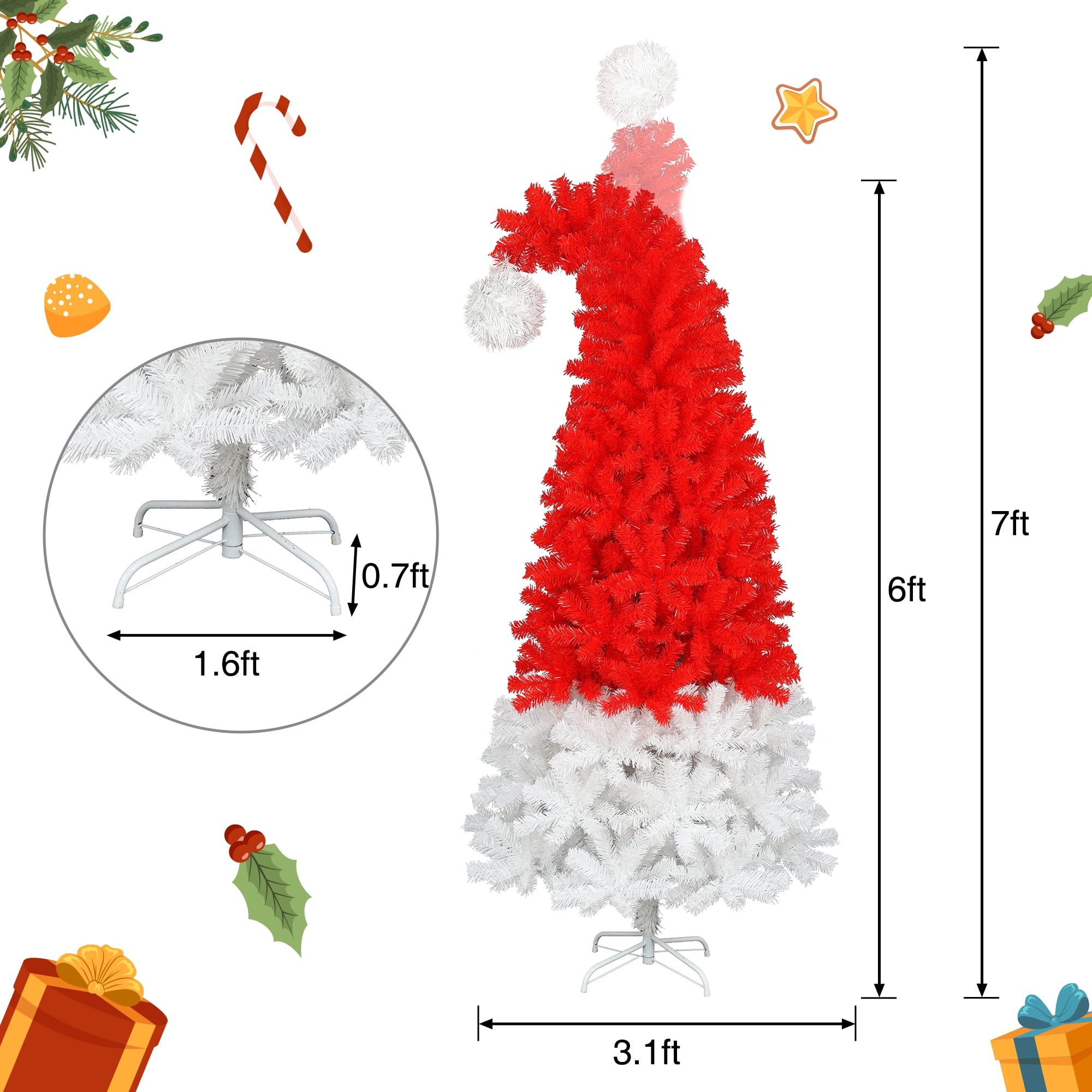 5ft Red and White Santa Hat Christmas Tree 1050 Tips 300 Cool White LED Lights Metal Stand Indoor Decor