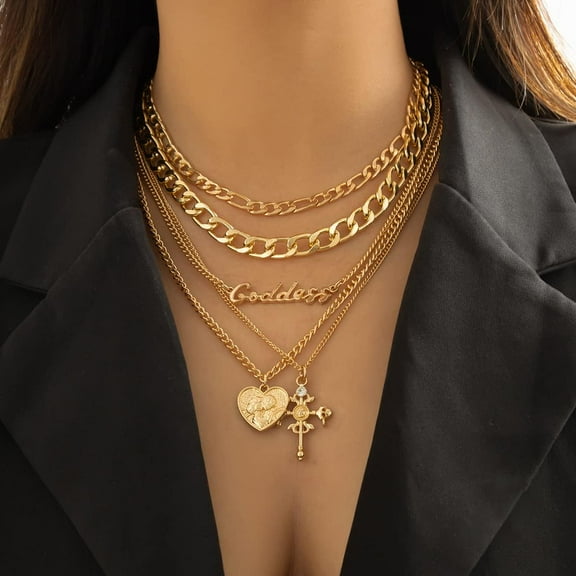 Gold Layered Necklaces For Women Chunky Gold Necklace Herringbone Paperclip Chain Necklace Dainty Cuban Stacking Coin Heart Star Cross Pendant T Bar Necklace Gold Jewelry[o227]
