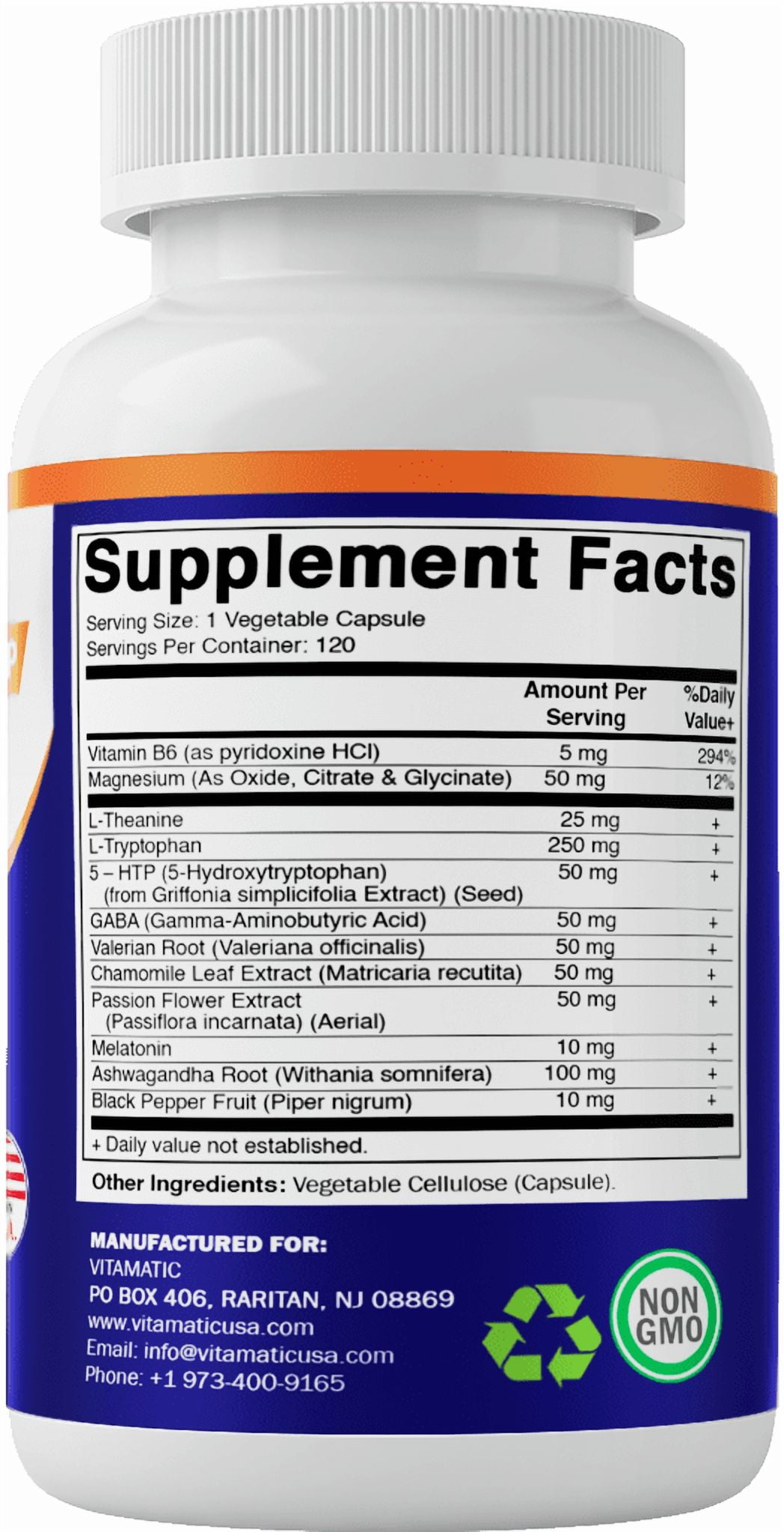 Vitamatic Advanced Sleep Aid with Melatonin - 120 Vegetable Capsules - Made with B6, Magnesium, L-Theanine, L-Tryptophan, 5-HTP, GABA, Valerian, Chamomile, Passion Flower, Ashwagandha & Black Pepper