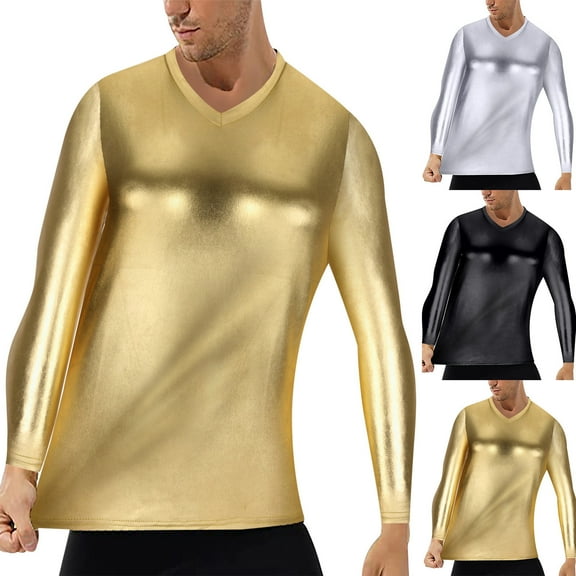 Miluxas Unisex's Long Sleeve T Shirts Metallic Shiny Tee Round Neck Party Disco Club Top