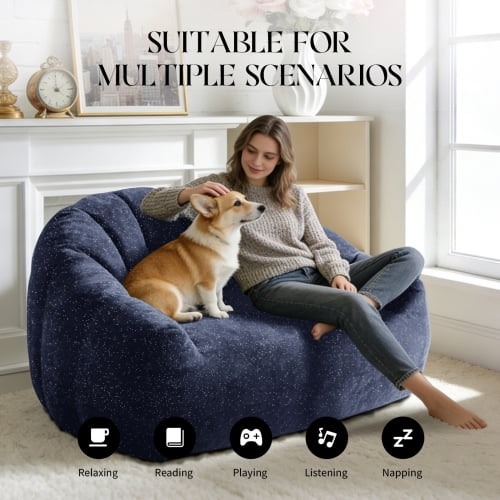 Bear Paw Sofa, Oversized Bean Bag Chair with Armrest, Shiny Silver Thread Faux Fur Plush, Filler Included, Ergonomic Comfy Seating for Living Room, Bedroom & Lounge, Blue