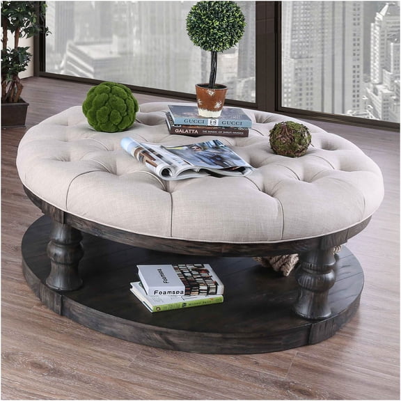 JERFIT 48 Inch Round Coffee Table with Shelf, Antique Grey Finish, Tufted Fabric Top, Rustic Solid Wood Base for Living Room