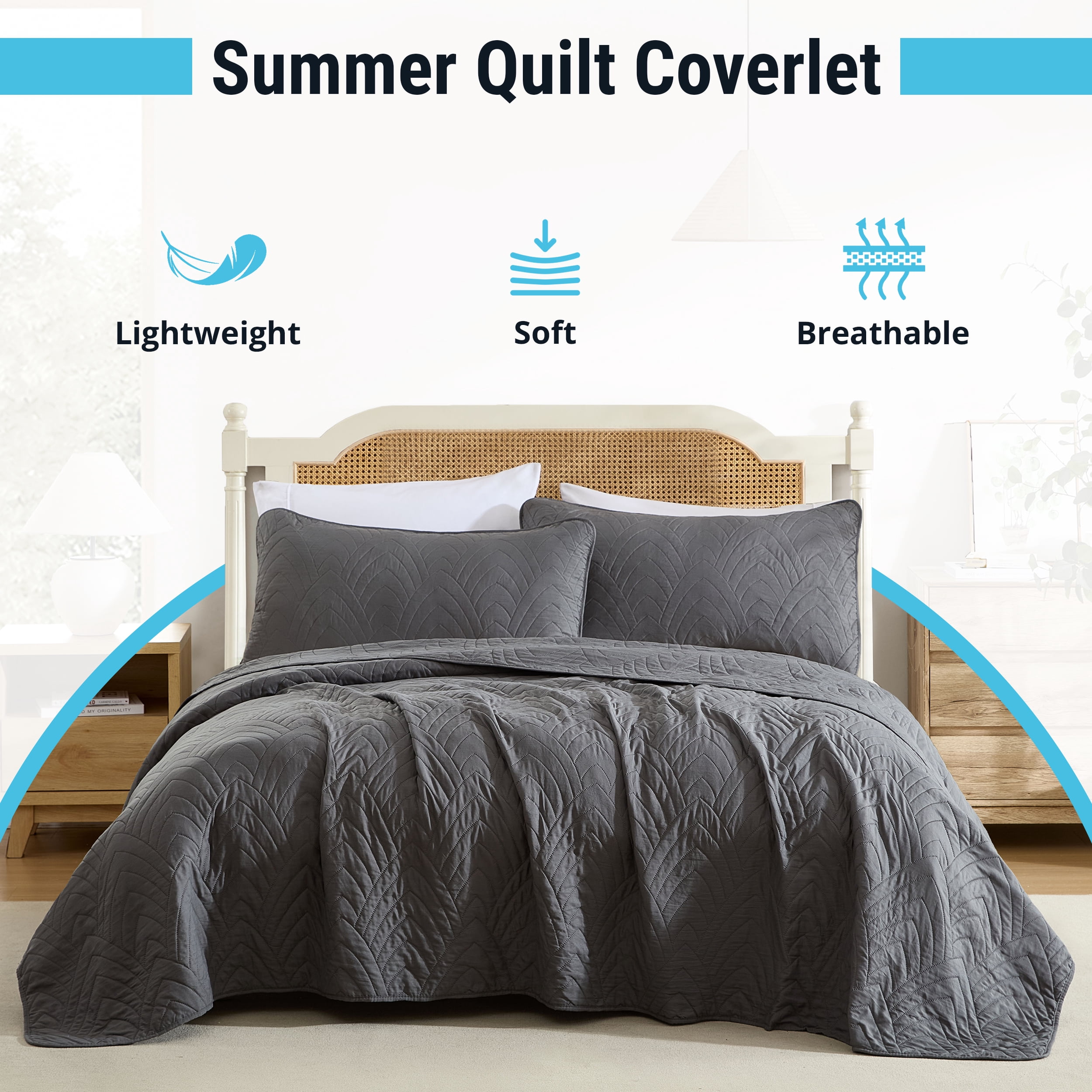 THD Winston - 3 Piece Full Queen Size Quilt Set, Lightweight Queen Bedspread Coverlet Set (Full/Queen, Charcoal Grey)