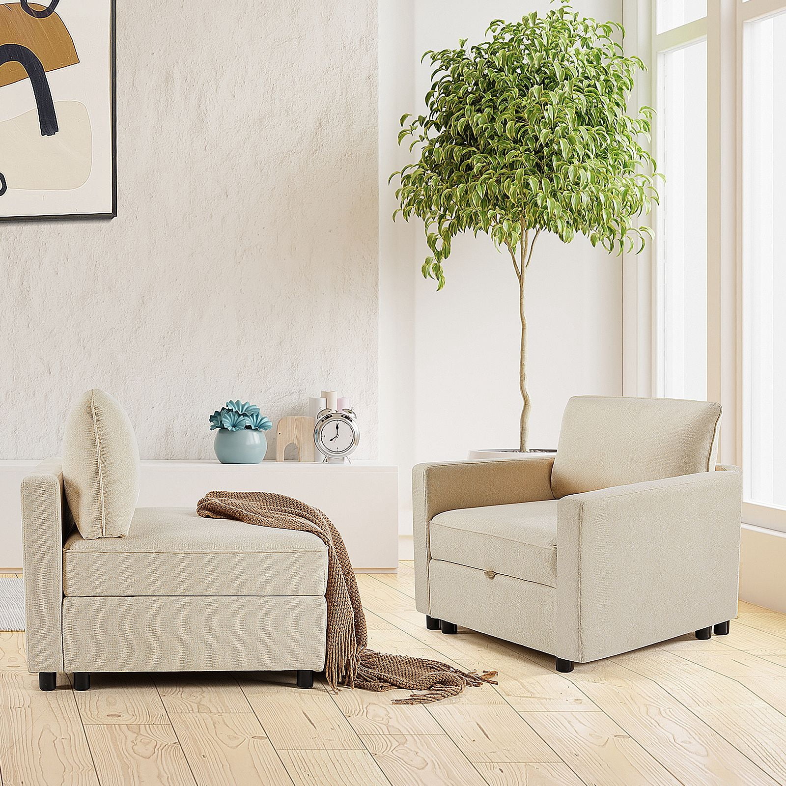 GIANNA 1-Seat Convertible Sectional Sofa Couch with Storage, Modern Sleeper Sofa with Extra Deep Seat Cushions, Soft Fabric, Compact Design for Small Spaces, Beige