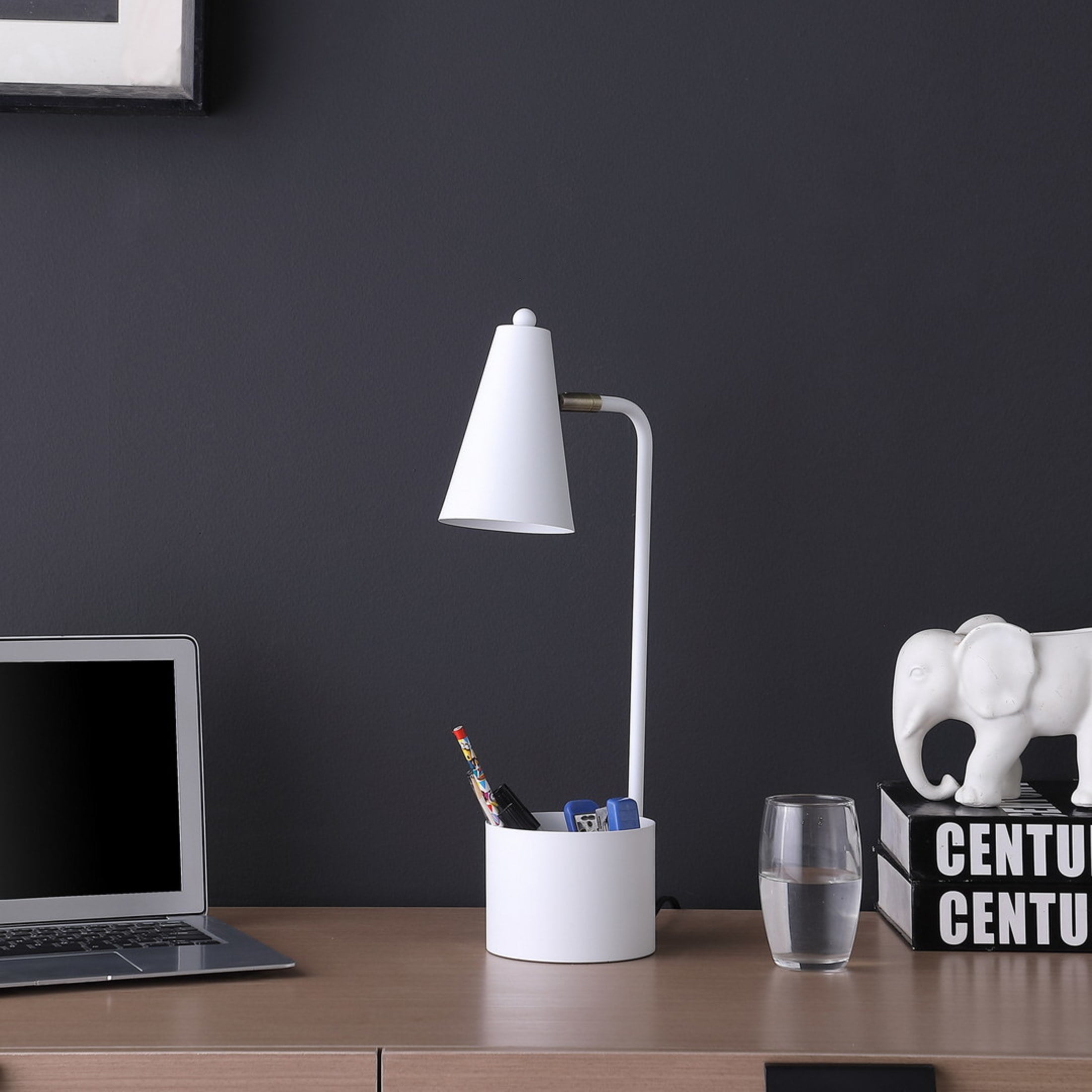Noble House 19.5" Student Task Desk Lamp, Modern Metal Base with Organizer, Cone Shade, E26 Socket, White